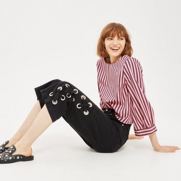 Topshop Lace Hem Wide Leg Cropped Jeans - Picture 2 of 7